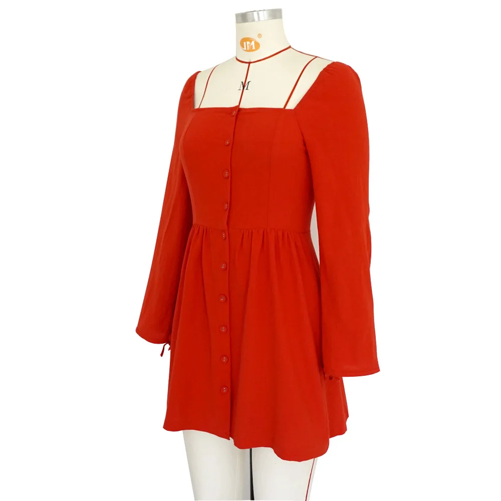 

European Style Square Collar Dress Casual Single Row Button Cuff Bandage Lantern Sleeve Women Dress Vintage Solid Mini Dress