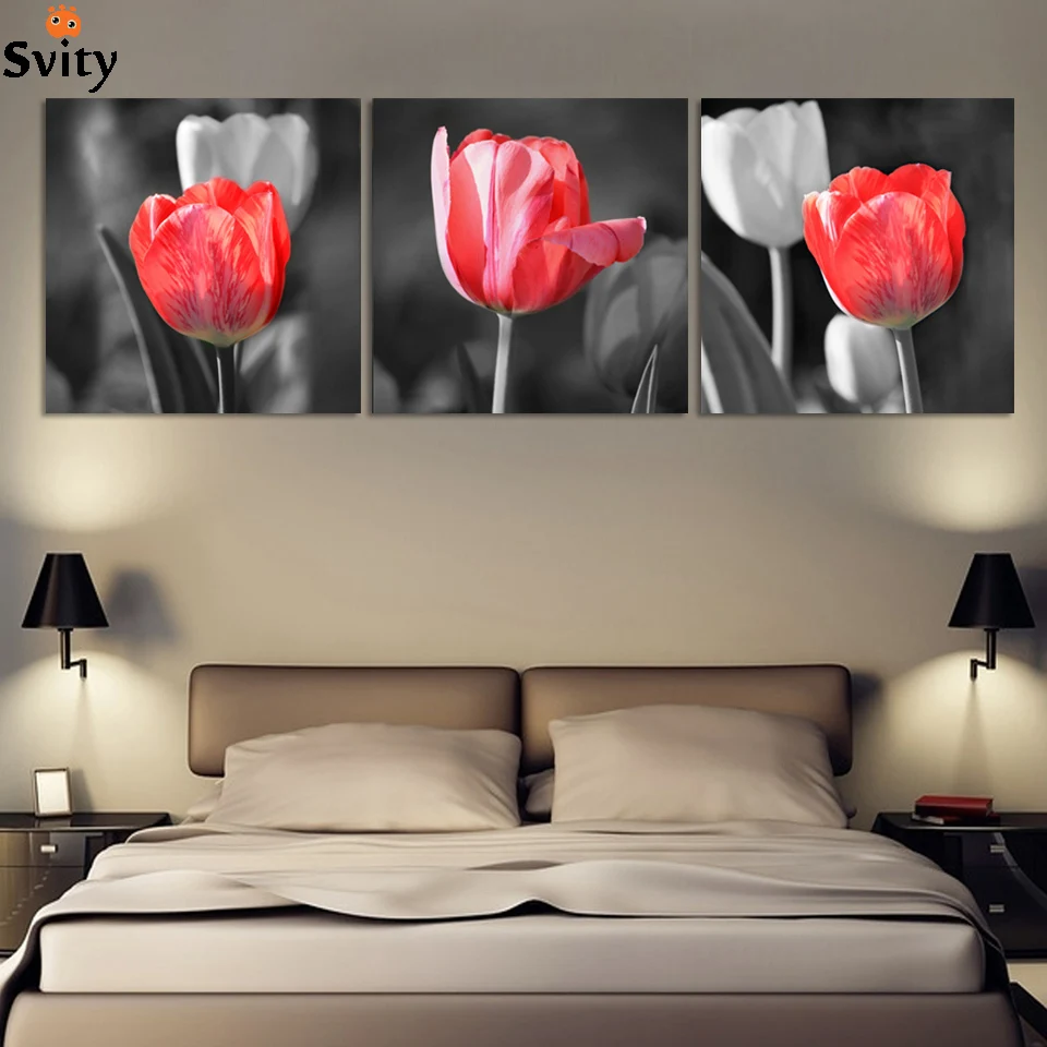 3 Panel Hot Sell Modern Wall Painting Home Decorative Art Picture Print on Canvas Prints Red and gray tulip flowers no frame | Дом и сад