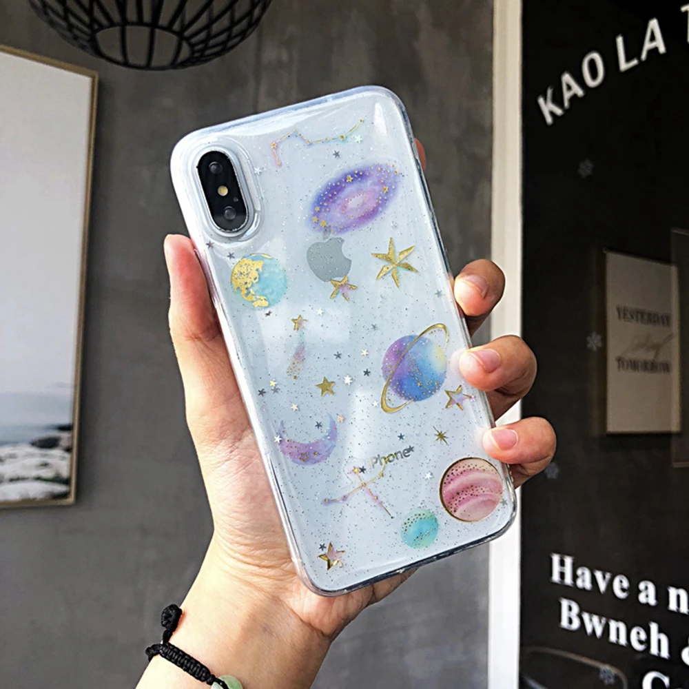 Роскошный блестящий чехол Space Planet для iPhone 7 8 Plus XR XS MAX Bling Star мягкий силиконовый Xs X 6