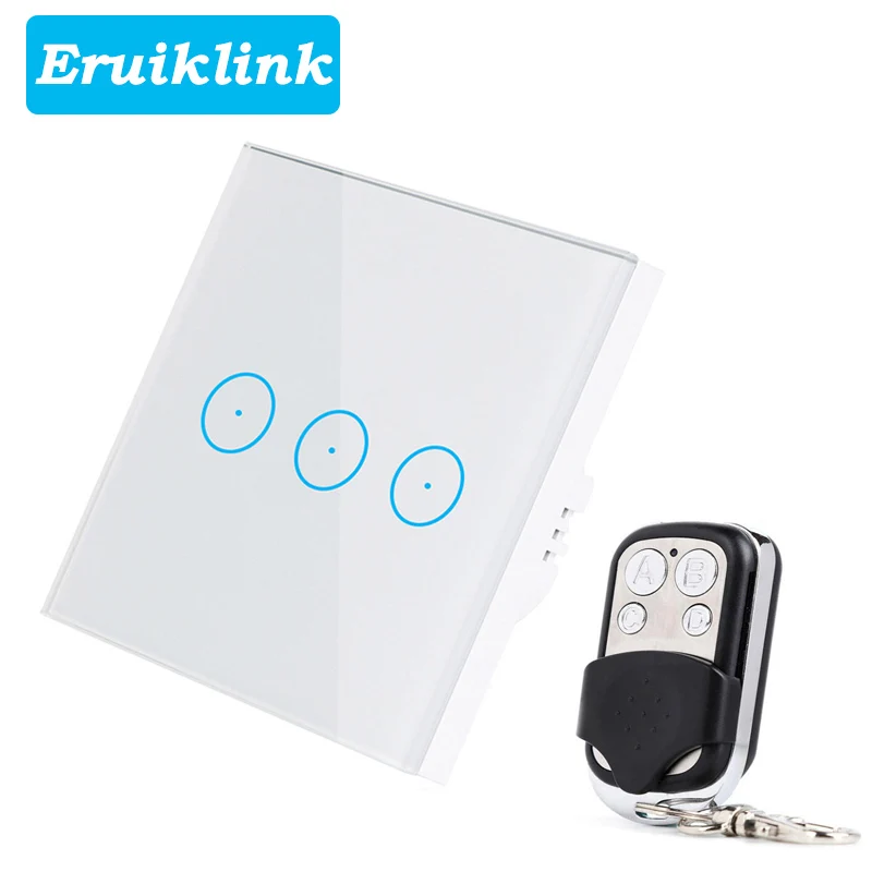 3gang switch with RC Eruiklink пульт дистанционного управления для ЕС/Великобритании, беспроводной дистанционный светильник с Wi-Fi, сенсорный настенный переключатель, работающий с Broadlink RM PRO, умный дом - Цвет: 3gang switch with RC