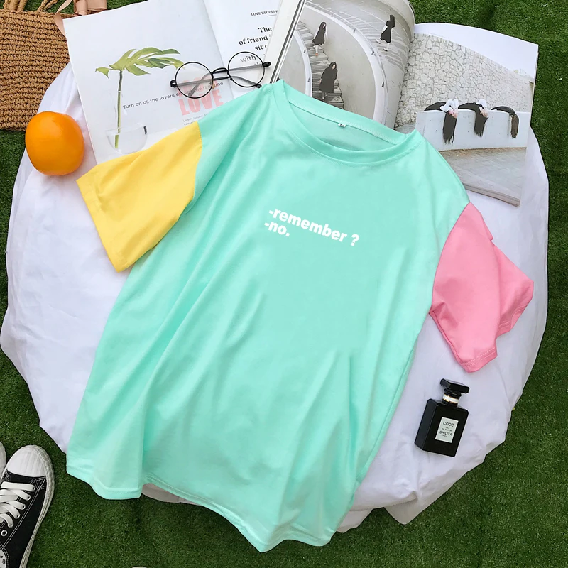 

Harajuku Tshirt Women Causal Mutlicolor Patchwork T Shirt Loose Funny Kawaii Letter Print Cotton Tops Streetwear Tee Shirt Femme