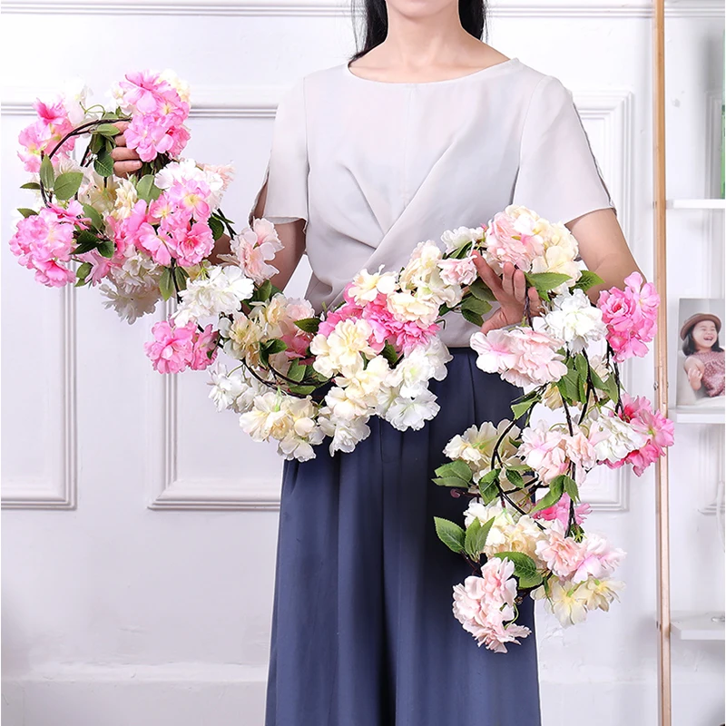 

170cm Artificial cherry blossoms Rattan branches Silk liana Vines Plastic flowers on the Wall Wedding Home decor Hanging Garland