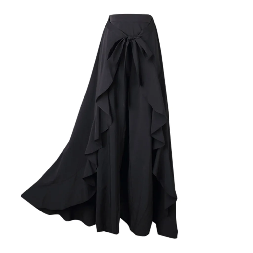 Black Faldas Mujer Moda женские серые штаны с боковой молнией и завязками спереди, юбка с оборками и бантом, длинная юбка, Jupe Femme - Цвет: Black