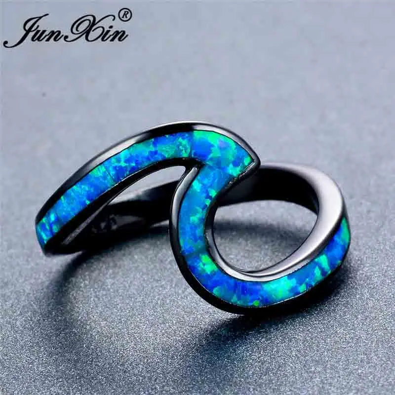 Black Gold Blue Opal JUNXIN Женский Мужской волна кольца для мужчин и женщин 925 серебряный черный однотонный цвет розовое золото Синий Розовый Фиолетовый Белый огненный опал кольцо свадебный подарок - Цвет основного камня: Black Gold Blue Opal