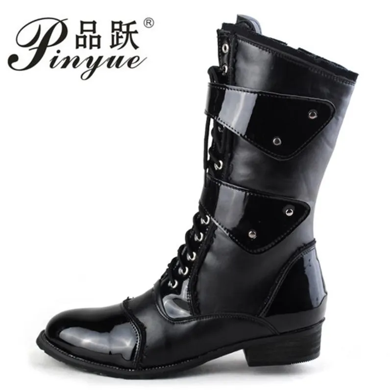 

Mens Knight Boots Mid Leg Patent Leather Boots Long Military Boots for Man Waterproof Work SHoes Male Winter