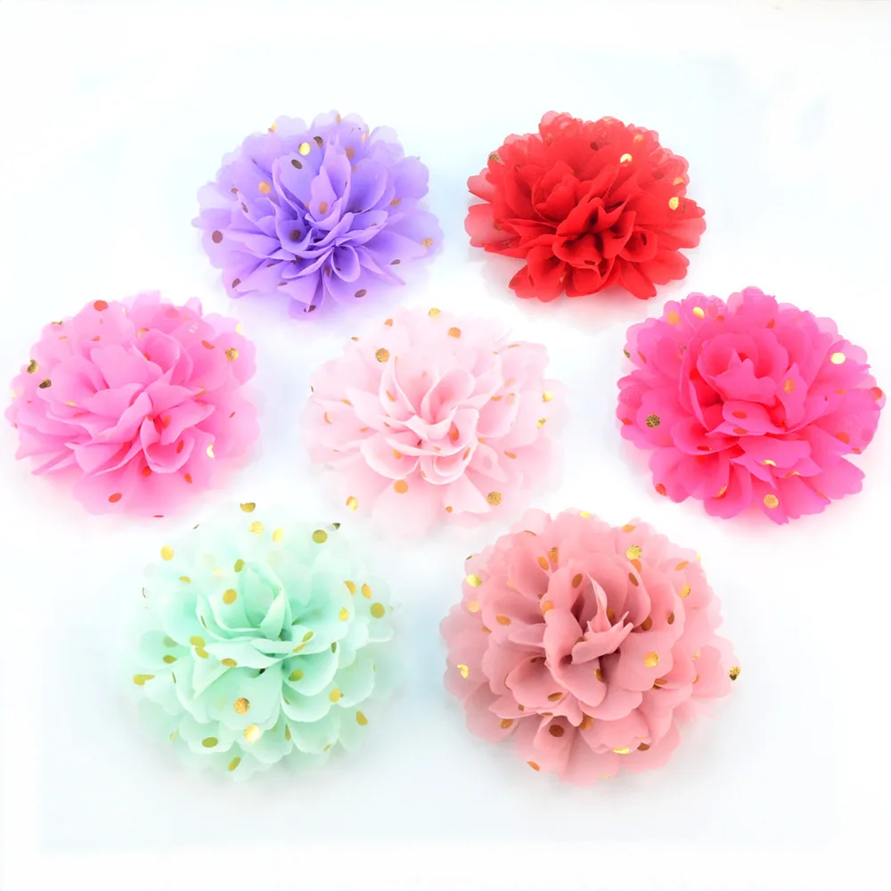 

20 pcs/lot, You Pick Colors , 3.94" Lotus petal flowers with gold polka dot - Chiffon fabric flower for DIY hair accessories