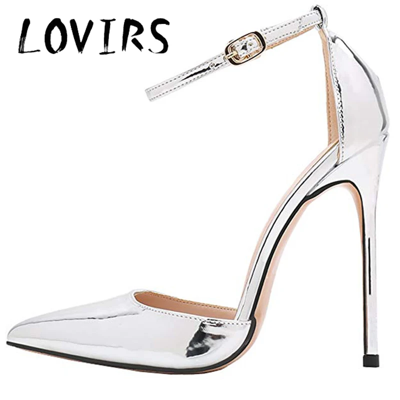 Silver Lovirs/женские туфли-лодочки из лакированной кожи на высоком тонком каблуке с острым носком и ремешком на щиколотке; туфли-лодочки на шпильке для свадебной вечеринки; офисная и деловая Классическая обувь - Цвет: Silver