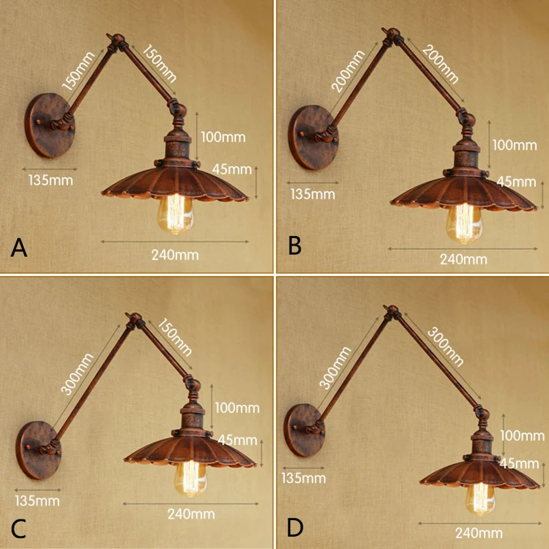 Винтажная металлическая настенная лампа E27 светодиодная регулируемая 4 размера
