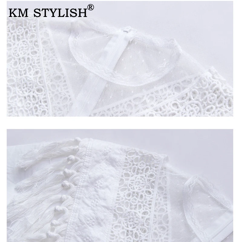 

2019 New Female Summer White O-neck Lace Patchwork Mesh Tassel Embroidery Cutout Holiday Casual Women Dress