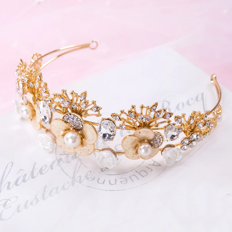 Himstory high end роскошные золотые Цвет тиара жемчужина Для женщин Корона в стиле барокко невесты цветок и листья Дизайн украшение для волос Свадебные аксессуары