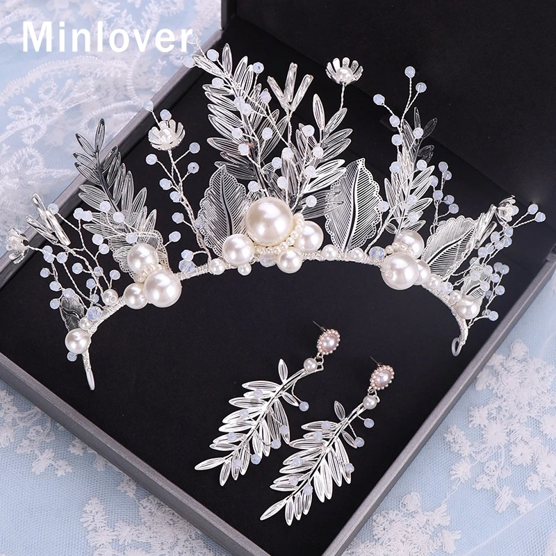 Свадебные тиары и короны Minlover с жемчужинами цветами серьги ручной работы из