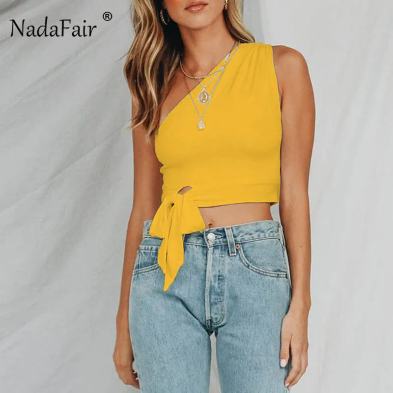 Nadafair топ на одно плечо, на шнуровке, Повседневный, белый, красный, черный, женский летний укороченный топ, желтый, сексуальные, вечерние, для пляжа, клуба, майка для женщин