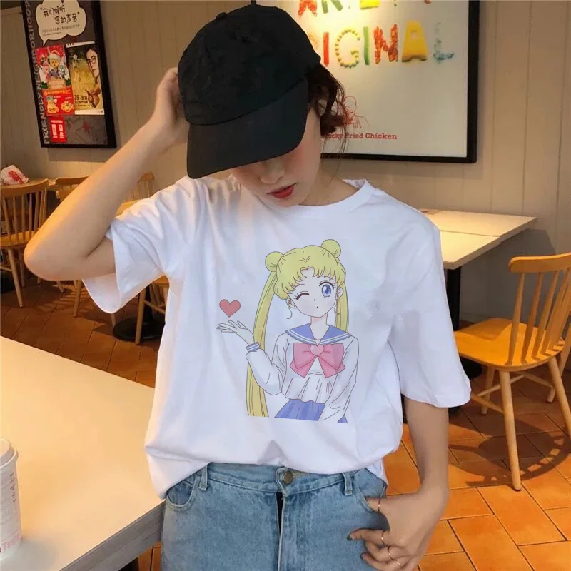 Сейлор Мун футболка Kawaii Женская летняя футболка Harajuku сладкий принт короткий рукав Ullzang футболка Женские топы футболки графический