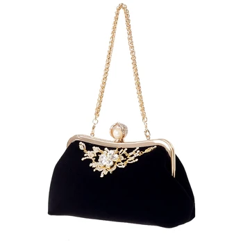 Female Diamond Pearl Handbag Vintage Crystal Flower Evening Bag Wedding Party Bride Clutch Bag Purse(Black) 1