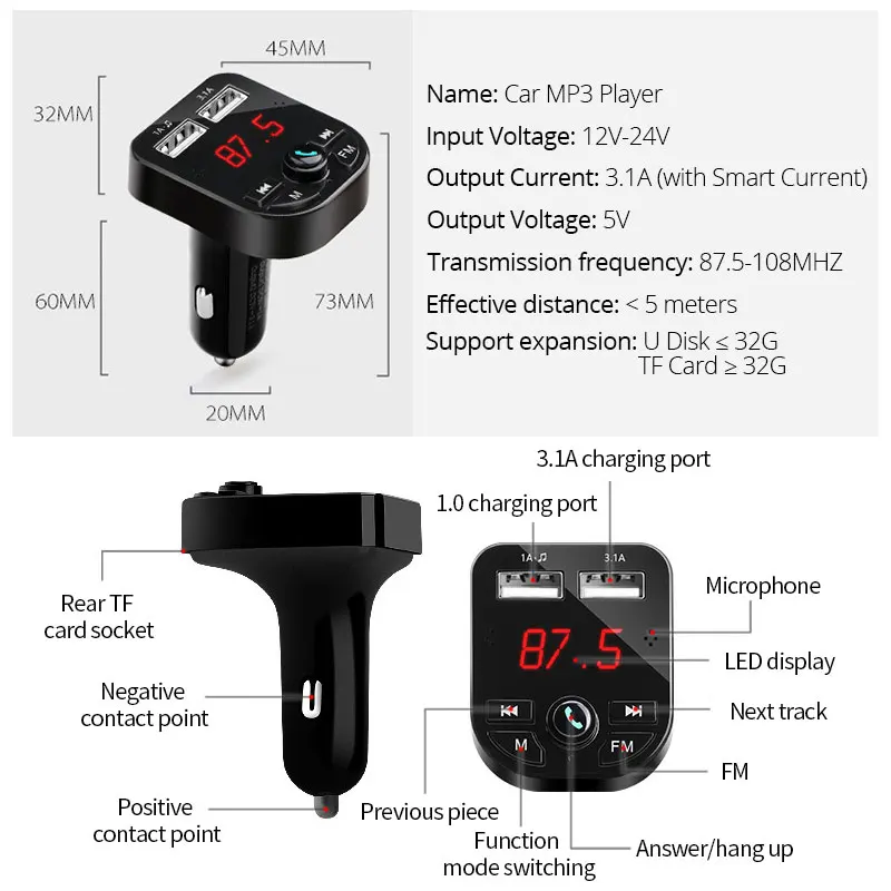 Audio Car MP3 Player Bluetooth 4.2 car mp3 FM Transmitter Modulator U Disk TF-Music LED Display Dual USB 3.1A Charger | Автомобили и