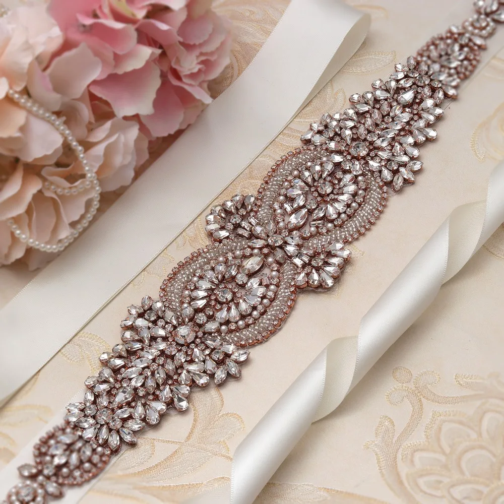 yanstar Rose Gold Rhinestones Bridal Belt Diamond Beads Wedding Big Size Crystal Sash For Long Dresses XY877 | Свадьбы и торжества