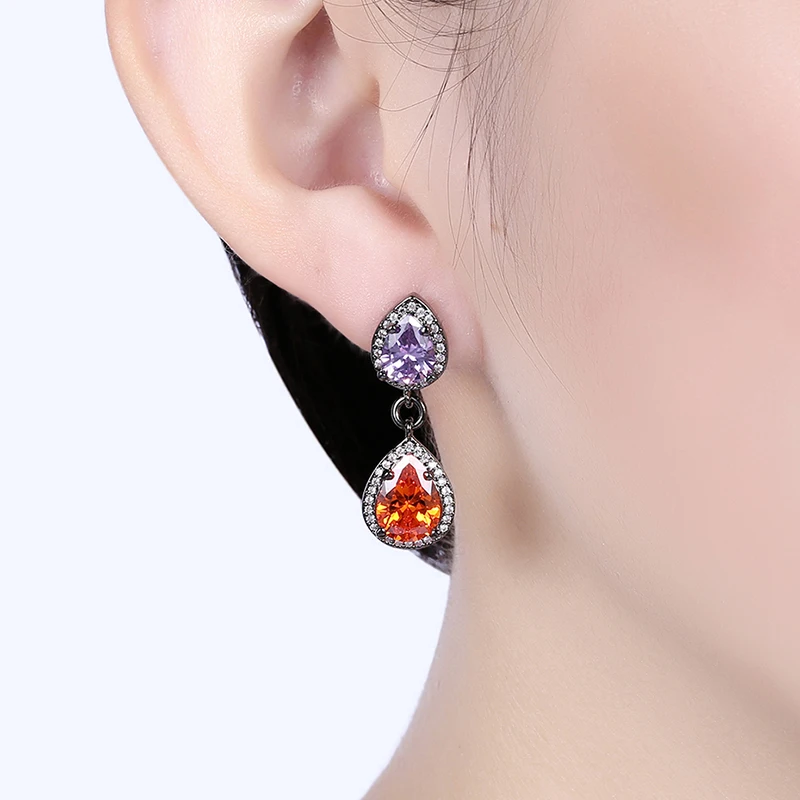 Женские серьги с двойными каплями блестящие черным золотом фиолетовым и красным