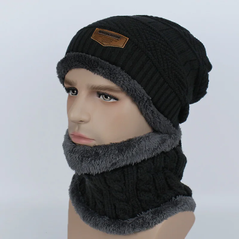 Set Black Зимние шапочки Для женщин Для мужчин модные однотонные внутри толстый теплый трикотаж зимняя шапка Кепки шарф наборы Skullies капот шарф комплекты - Цвет: Set Black