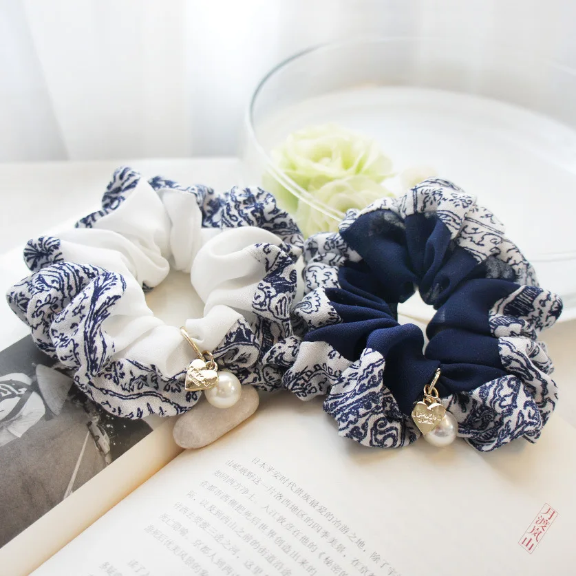 

Classical Chinese style hair rope hair accessories Blue and white porcelain pattern headband rubber band elastic hair bands
