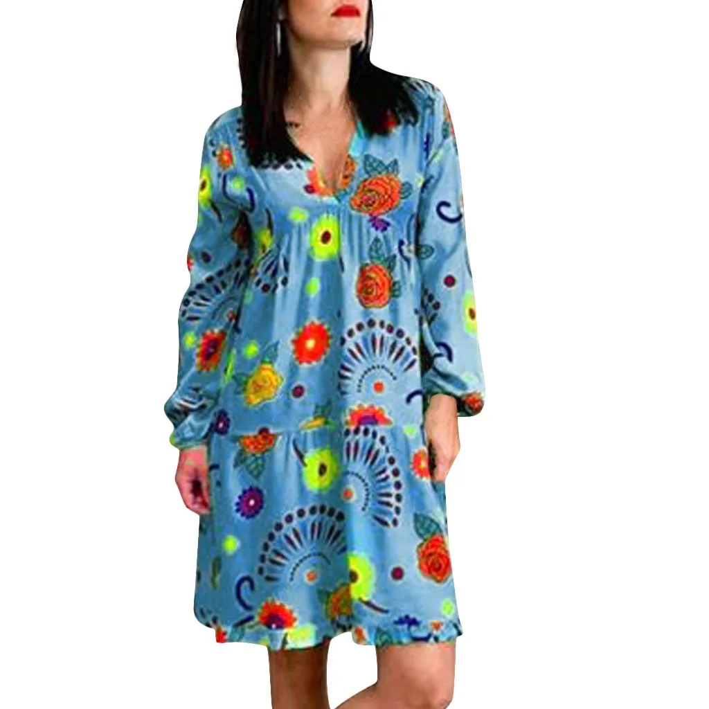 Женское свободное платье Boho этническое Повседневное с длинным рукавом и
