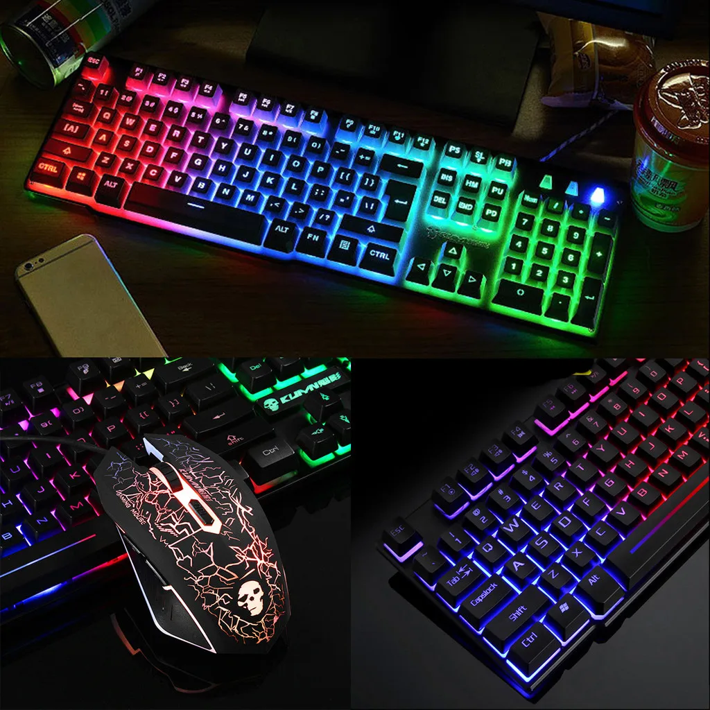 Эргономичная Игровая Usb клавиатура и мышь с радужной подсветкой для ПК ноутбуков