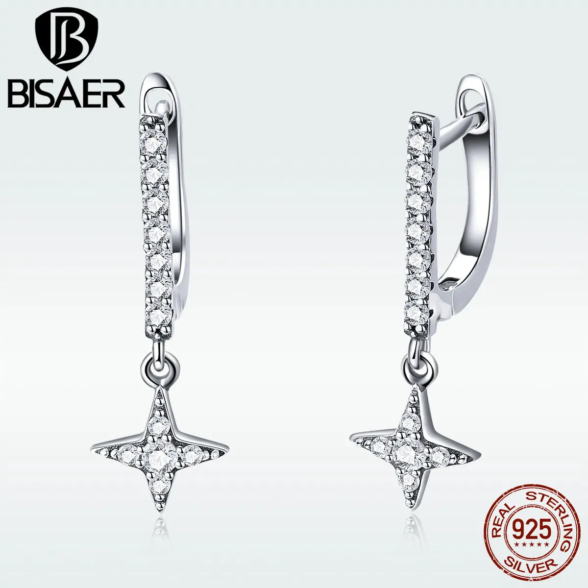 BISAER, 925 пробы, серебряные, прозрачные геометрические серьги-гвоздики с кубическим цирконием для женщин, простые модные серьги, ювелирные изделия, Brincos ECE446