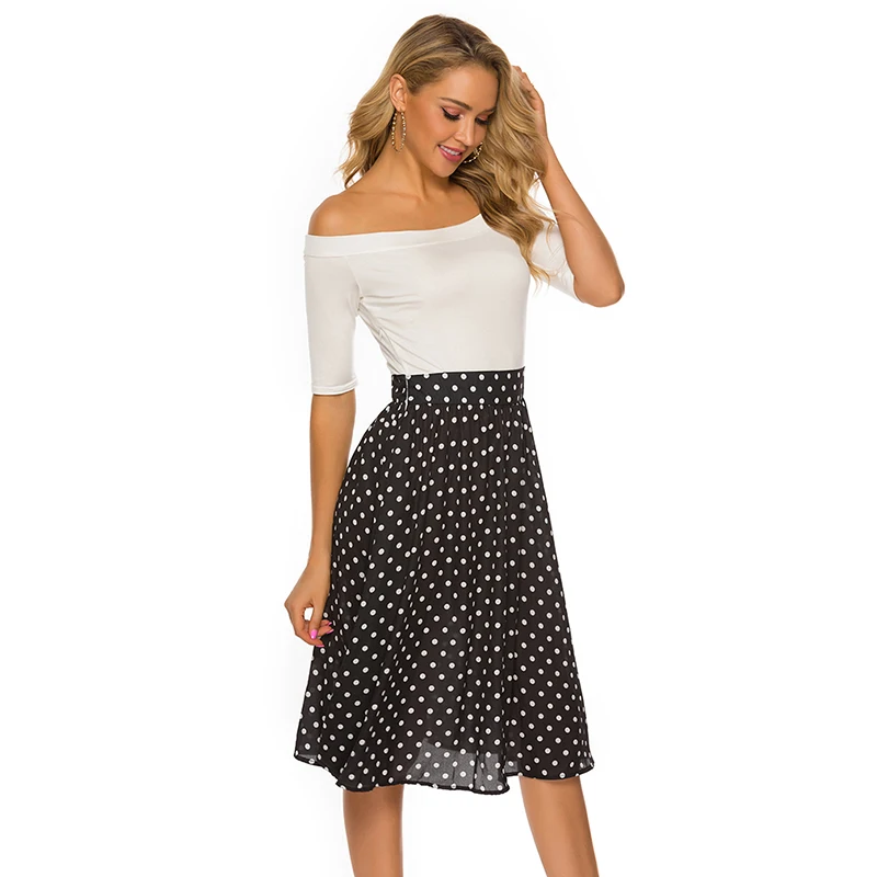 

Summer Slash Neck High Waist Print Dress Women Half Sleeve Patchwork Casual Dresses Knee-Length Off Shoulder Dress