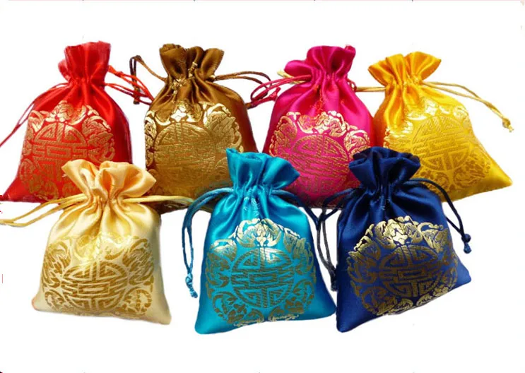 100pcs Lucky Small Drawstring Jewelry Pouch Chinese style Silk brocade Wedding Party Candy Favor Bag Gift packaging Bags