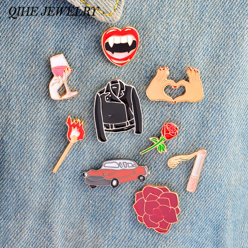 

QIHE JEWELRY Pins and brooches Lips Wine Matches Flower Rose Car Heart Brooches Badges Pins collection Women acc