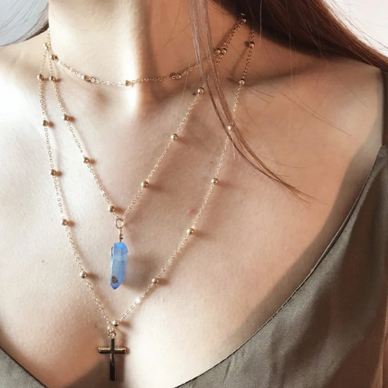 QIUBOSS золото цепочка с перекрестным плетением Multi Слои натуральный хрусталь