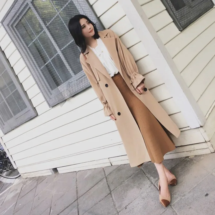 2017 новинка хит весна осень Женское пальто Тренч длинный рукав модный отложной