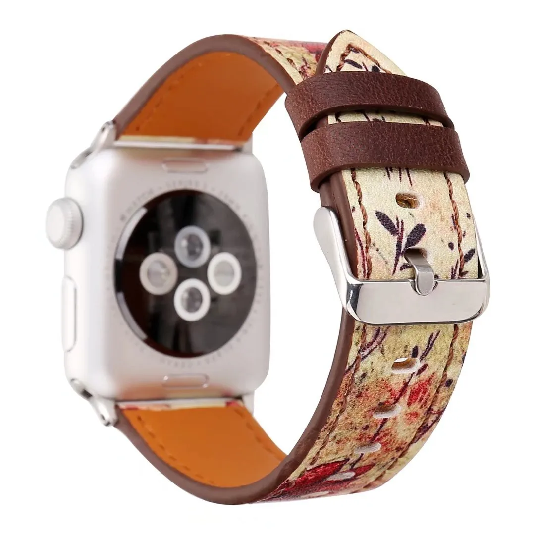 Кожаный ремешок с цветочным принтом для Apple Watch 42/44 мм 38/40 серия 1 2 3 4 ретро браслет