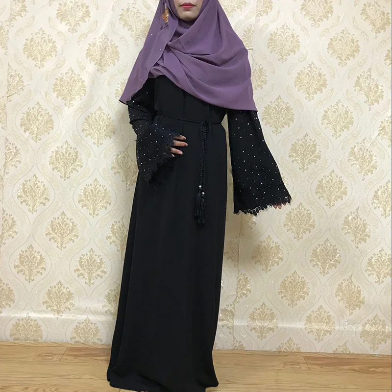 Новые элегантные кружевные платья с бриллиантами, мусульманские платья Рамадана из Саудовской Аравии, abaya, Дубай, черное платье с рукавами-трубами, мусульманское платье