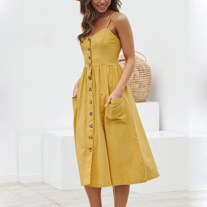 Винтажное женское платье с пуговицами карманами Boho пляжные летние миди-платья