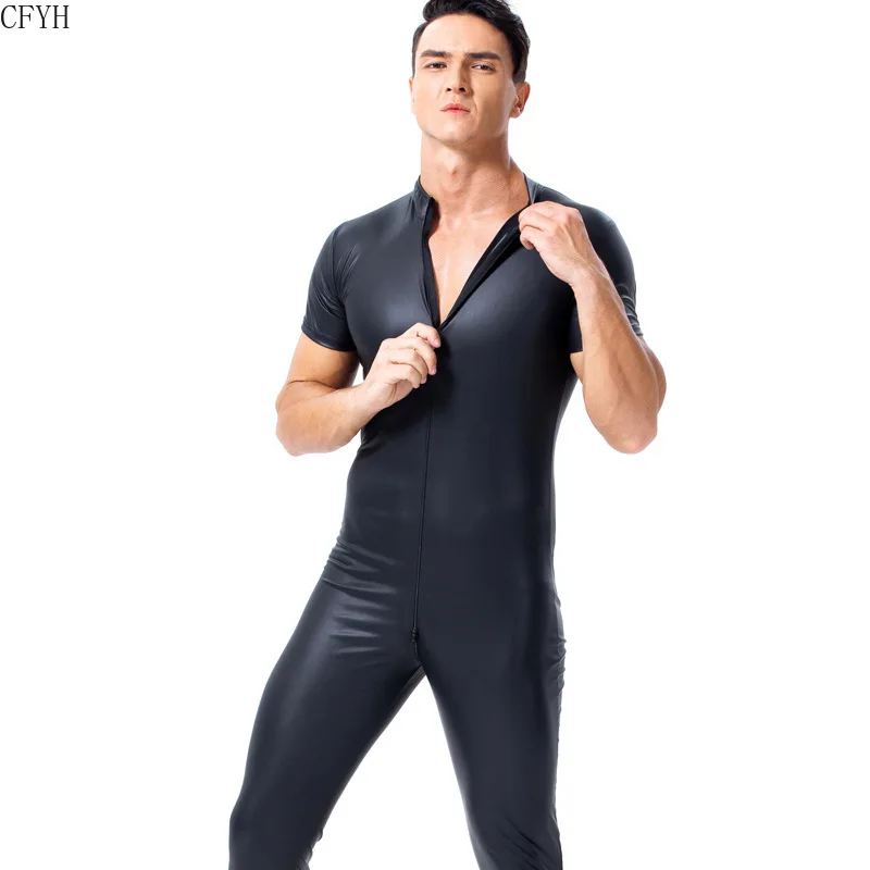 Эластичное сексуальное Мужское боди из искусственной кожи длинные брюки черное