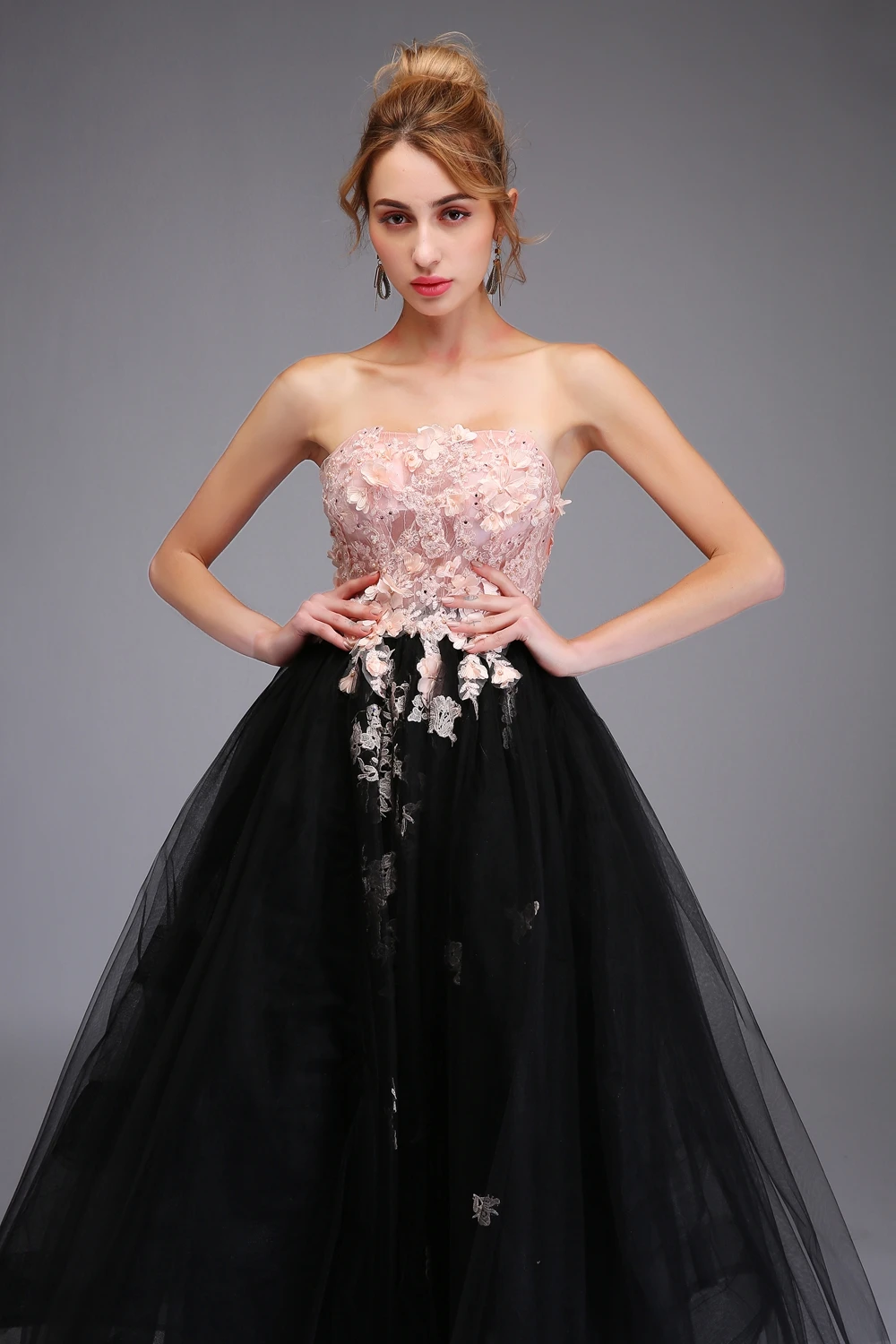 SSYFashion/Новое милое розовое с черным вечернее платье без бретелек, без рукавов, с кружевной аппликацией, длиной до середины икры, вечерние платья