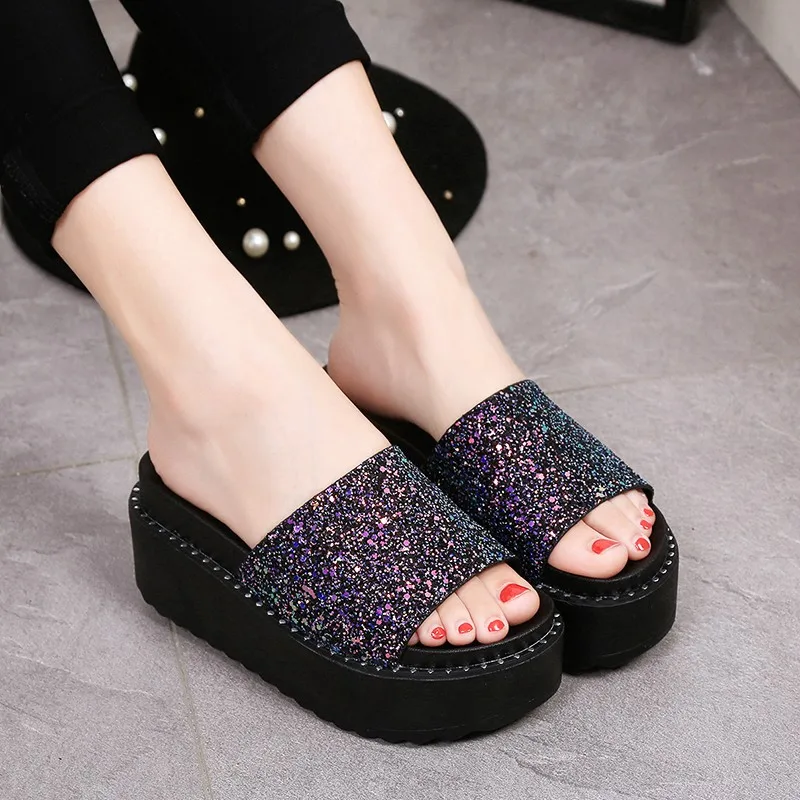 Летнее платье с блестками ремешком Женские босоножки шлепанцы блестящие пляжные