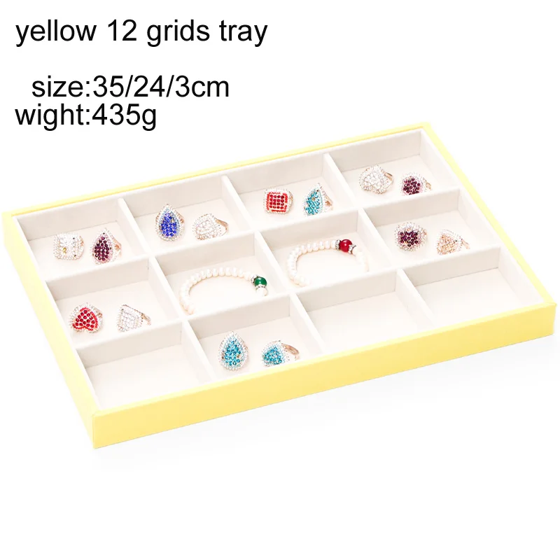 yellow 12grid tray Пять стилей, пять цветов, бархатный лоток для ювелирных изделий, чехол для демонстрации, чехол, ожерелье, кольца, браслет, чехол для демонстрации, Органайзер - Цвет: yellow 12grid tray