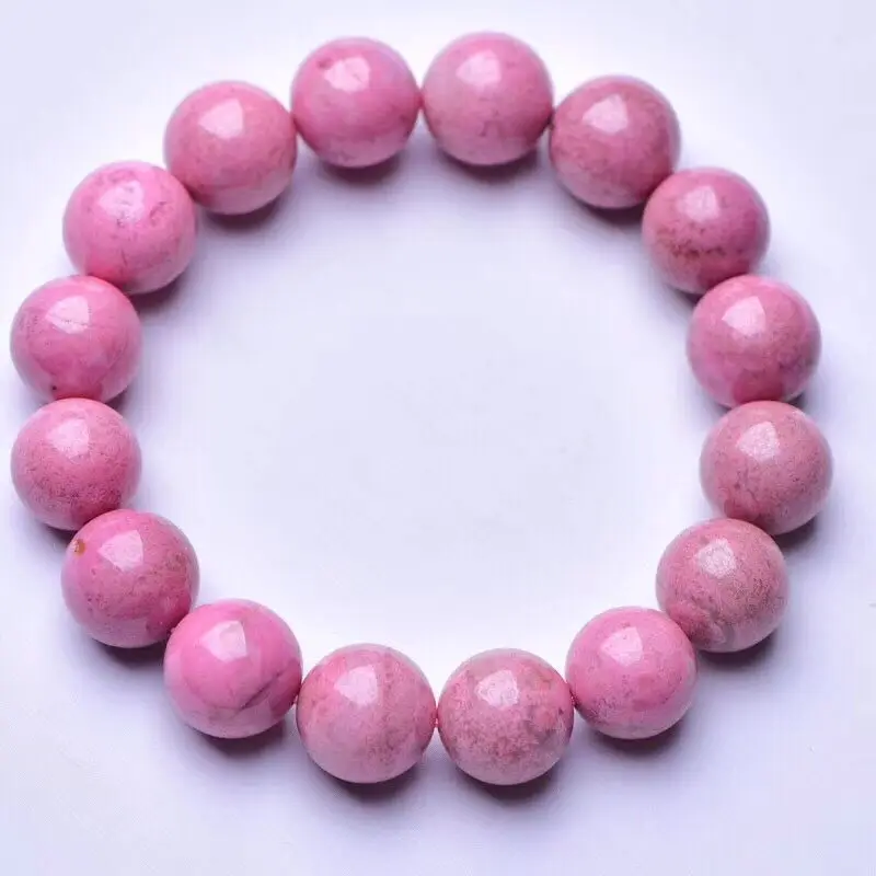 Браслет женский из натурального розового камня с круглыми бусинами|Плетеные