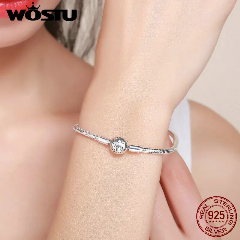 WOSTU 925 Sterling Silver Cartoon Lion Clear CZ Snake Bracelet Fit Original Design Charms Beads S925 Jewelry Gift BKB054