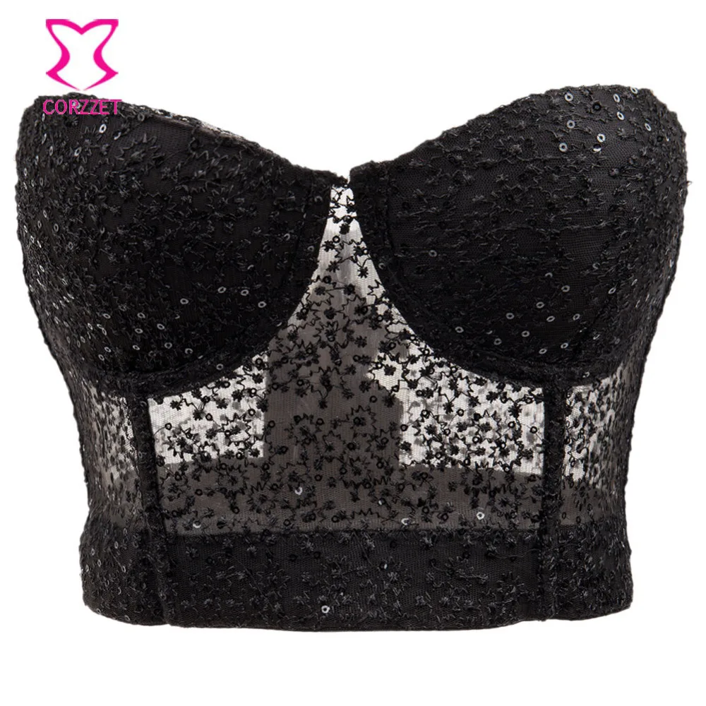

Black Sequined Embroidery Lingerie Bustier Crop Top Bralette Strapless Soutien Gorge Sexy Transparent Bra Push Up Bras For Women