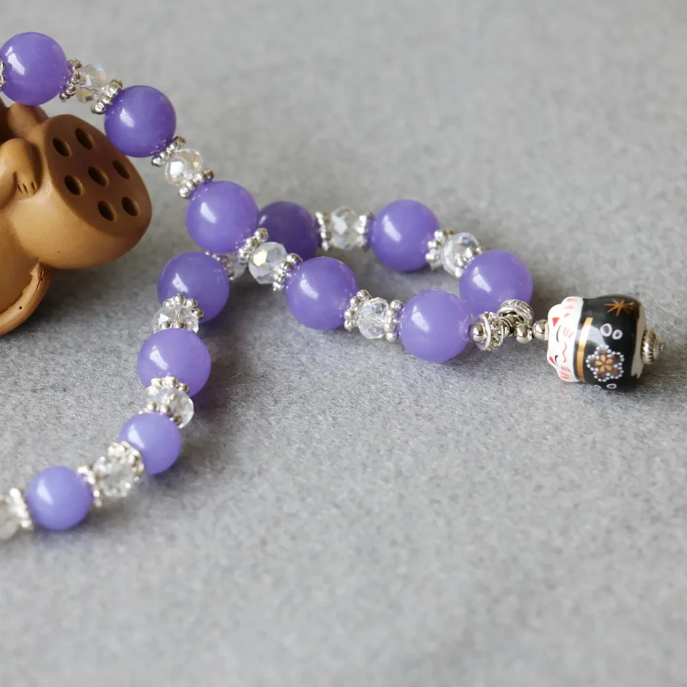 Новый браслет 8 мм с фиолетовыми кристаллами керамический кулон в виде кота