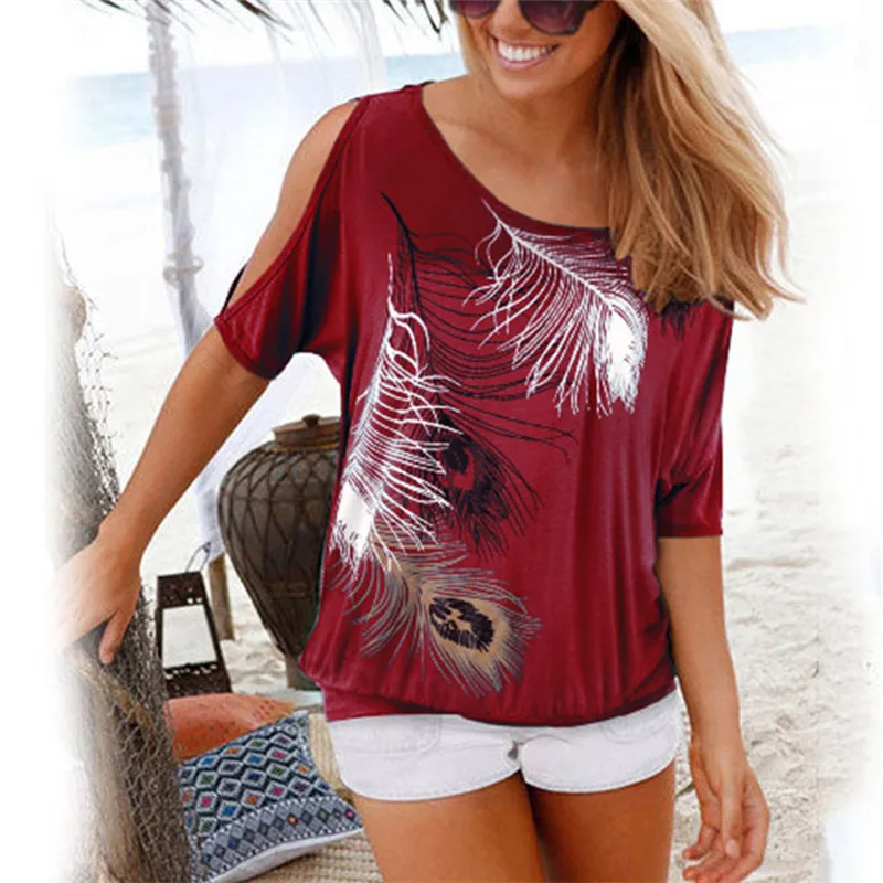 Women Summer 2018 Tshirt Casual Short Sleeve Tops Tees Sexy Off Shoulder Feather Print T-Shirt O-neck Loose Plus Size 5XL Shirts | Женская