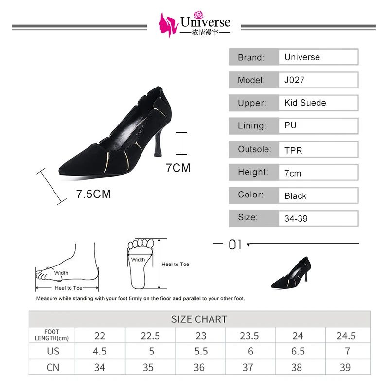 

Women Pointed Toe Pumps Suede Black High Heels 7cm Universe Fashion Luxury High Heels Party Dress Shoes Gold Shining Band J027