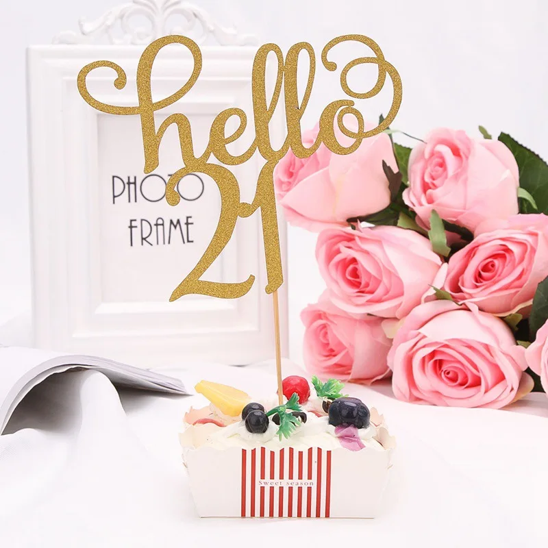 15*20 см золотые блестящие буквы с цифрами Hello 21 30 40 50 60 Топпер для торта для свадьбы, дня рождения, юбилея, вечерние украшения торта - Цвет: 21