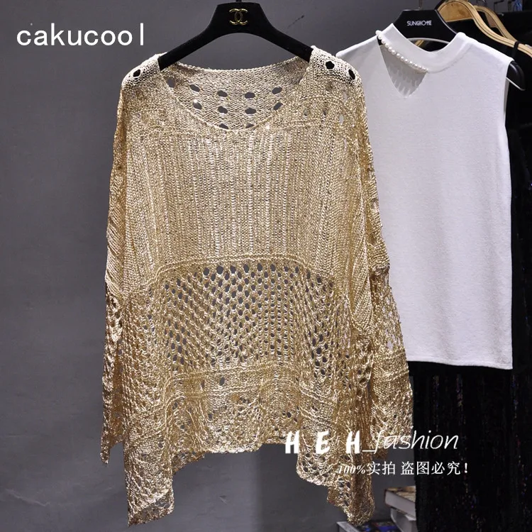 Cakucool Gold Lurex Summer Blouse Shirt Long Batwing Sleeve O-neck Hollow Out Knit Top Loose Bohemian Design Large Shirts Blusa