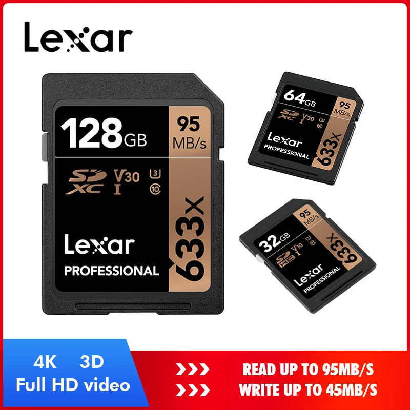 Lexar 633x32 Гб U1 SDHC 64 Гб 128 ГБ 256 ГБ 512 ГБ U3 sd-карта SDXC профессиональная карта памяти 95 м/с для камеры 1080p 4K