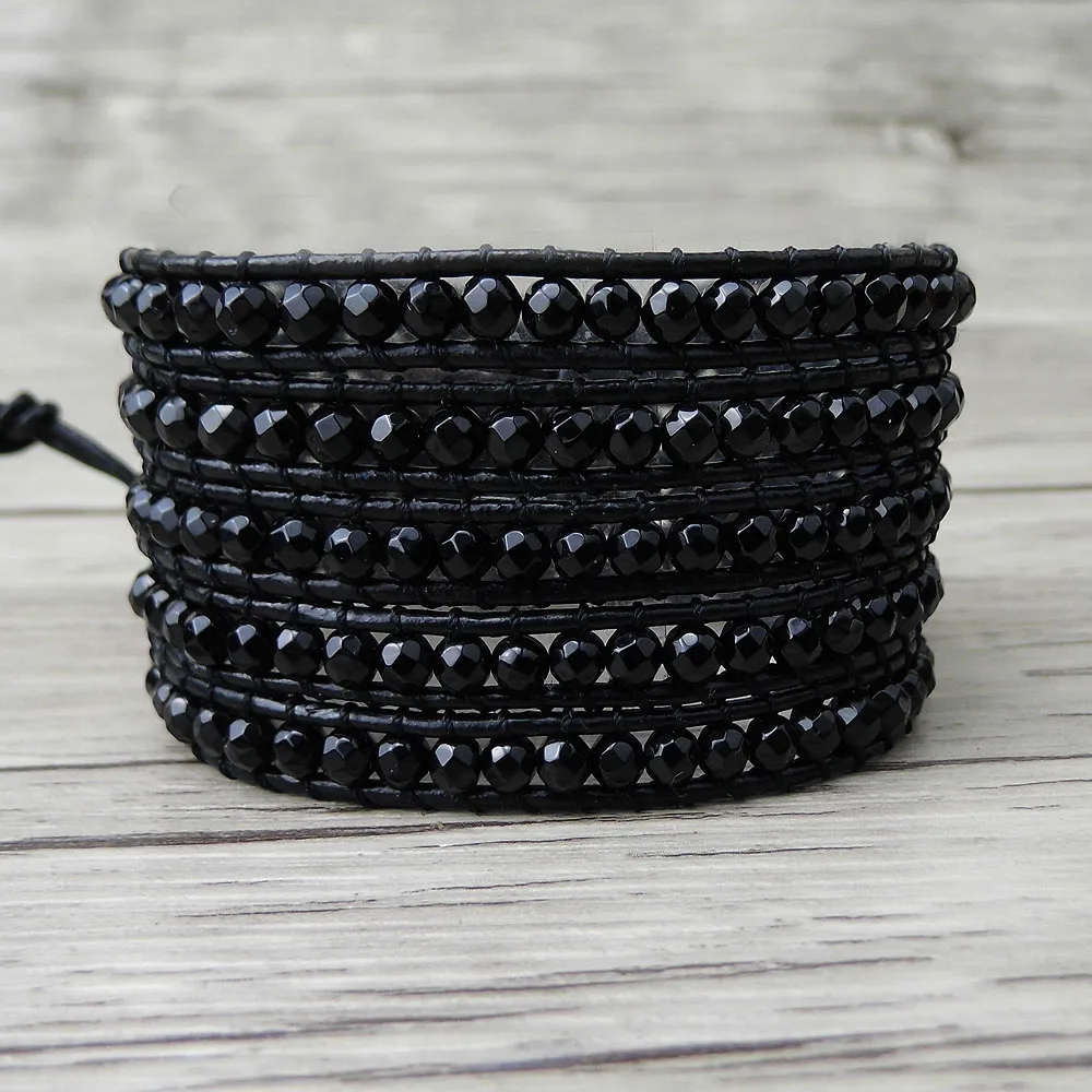 Бохо 5 обруча браслет Цыганская кожа Ограненный черный из бисера натуральный