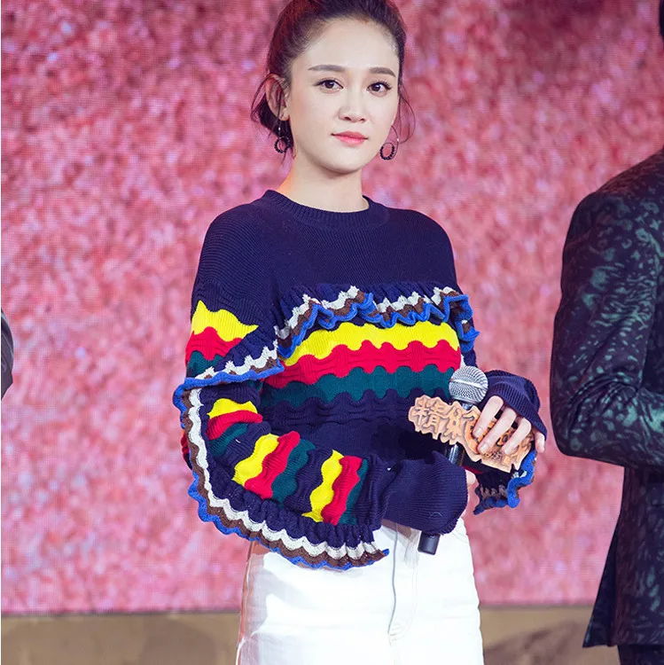 Fashion Hit Color Sweater Women Patchwork Ruffles Edge Round Neck Knitting Jumper Female Casual Loose Red Blue Pullover | Женская одежда
