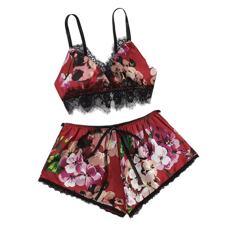 SHEIN, кружевные цветочные шорты с цветочной отделкой, PJ, набор, сексуальный, на бретельках, без рукавов, беспроводные бюстгальтеры и трусы, женский летний комплект нижнего белья